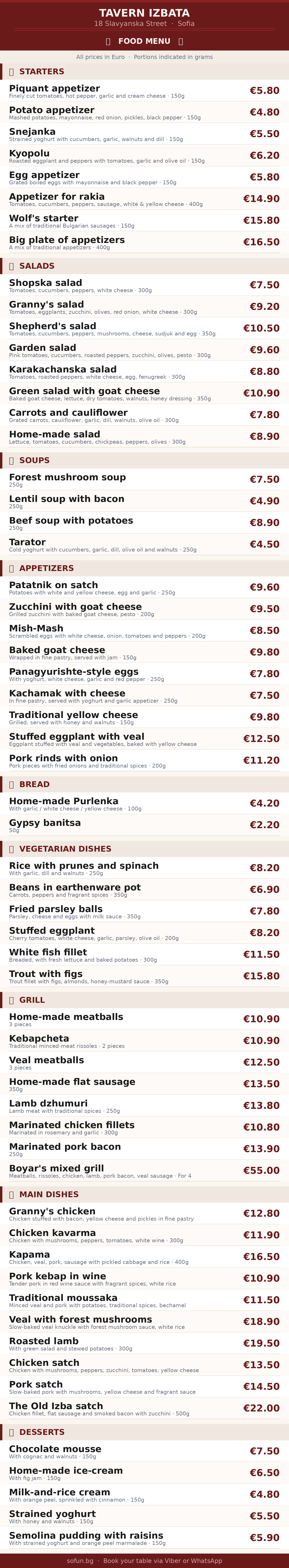 Tavern Izbata Food Menu